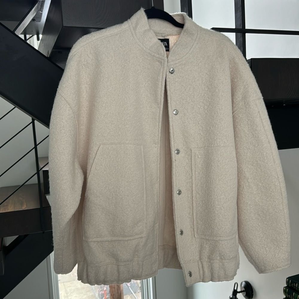 Cream Utility Jacket with Relaxed Fit and Collared Neckline
